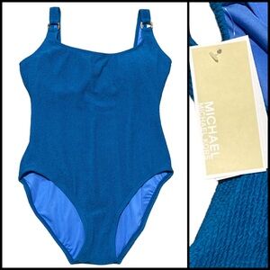 NEW $96 Michael Kors Oasis Blue One Piece Designer Swimsuit - Size 14